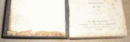 Przebarwienie podniszczonej wyklejki, skórzany falc uszkodzony, zaplamienie - zagrzybienie: brązowe plamki - na karcie tytułowej